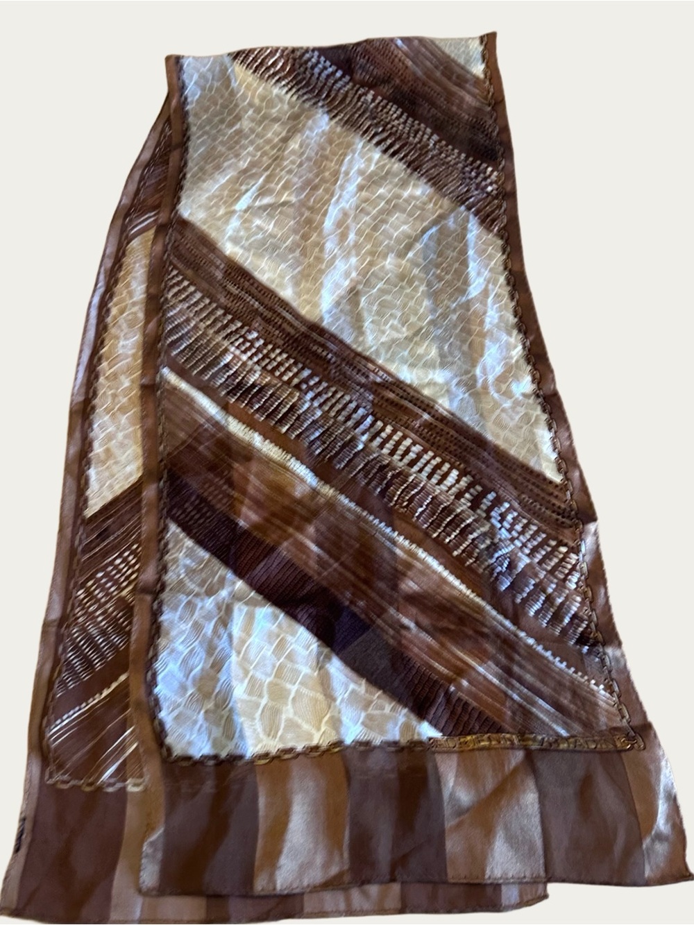 Adrienne Vittadini Silk Vintage Elegant Abstract Patchwork Brown Scarf